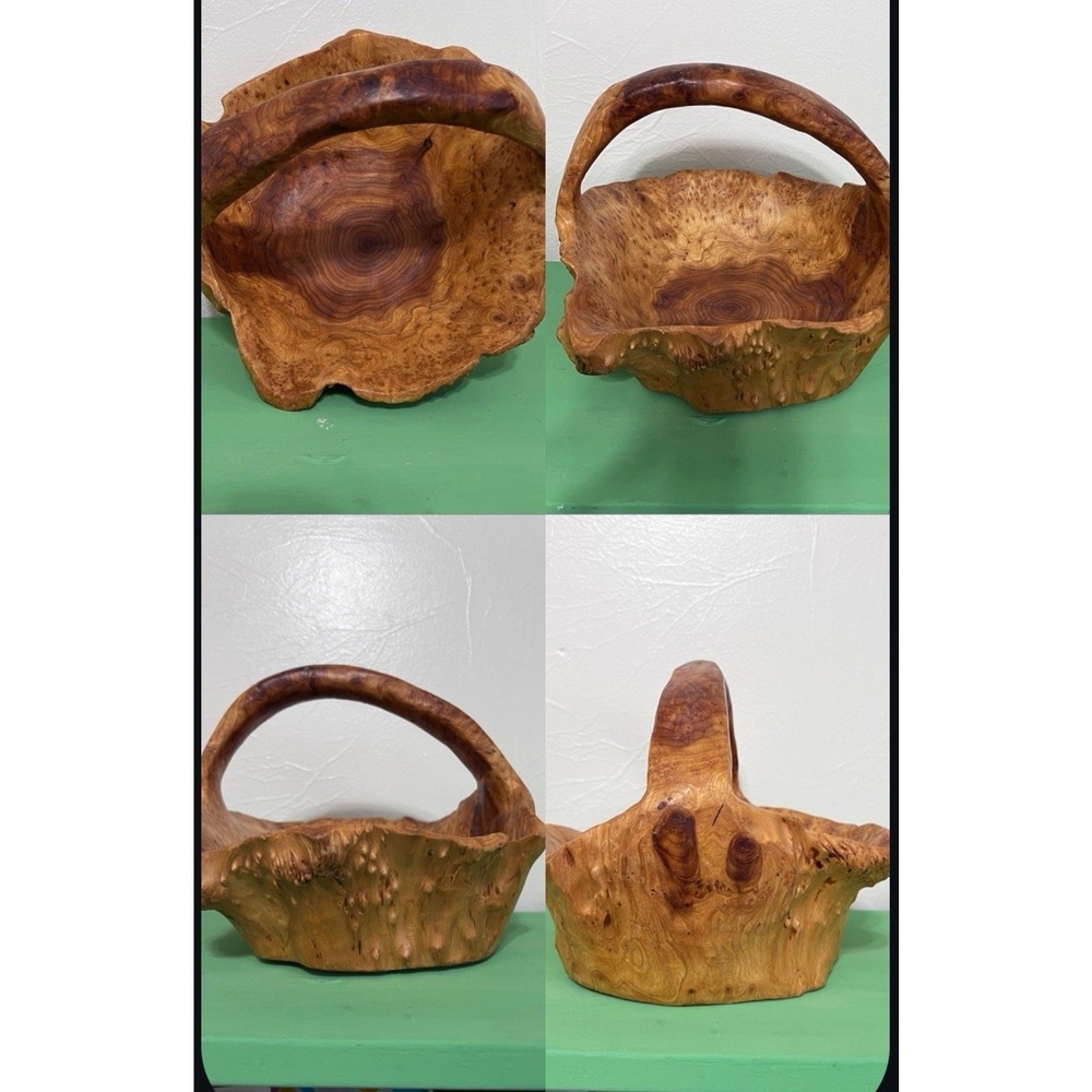MCM Hand Carved Burl Wood Basket Handle Knobby Unique Boho Cabin Nature VTG‎